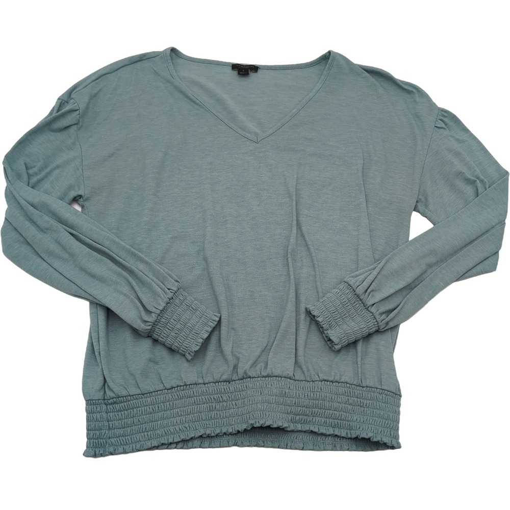 Ann Taylor Factory Womens Small Dusty Blue V-Neck Smocked Hem Long Sleeve Top